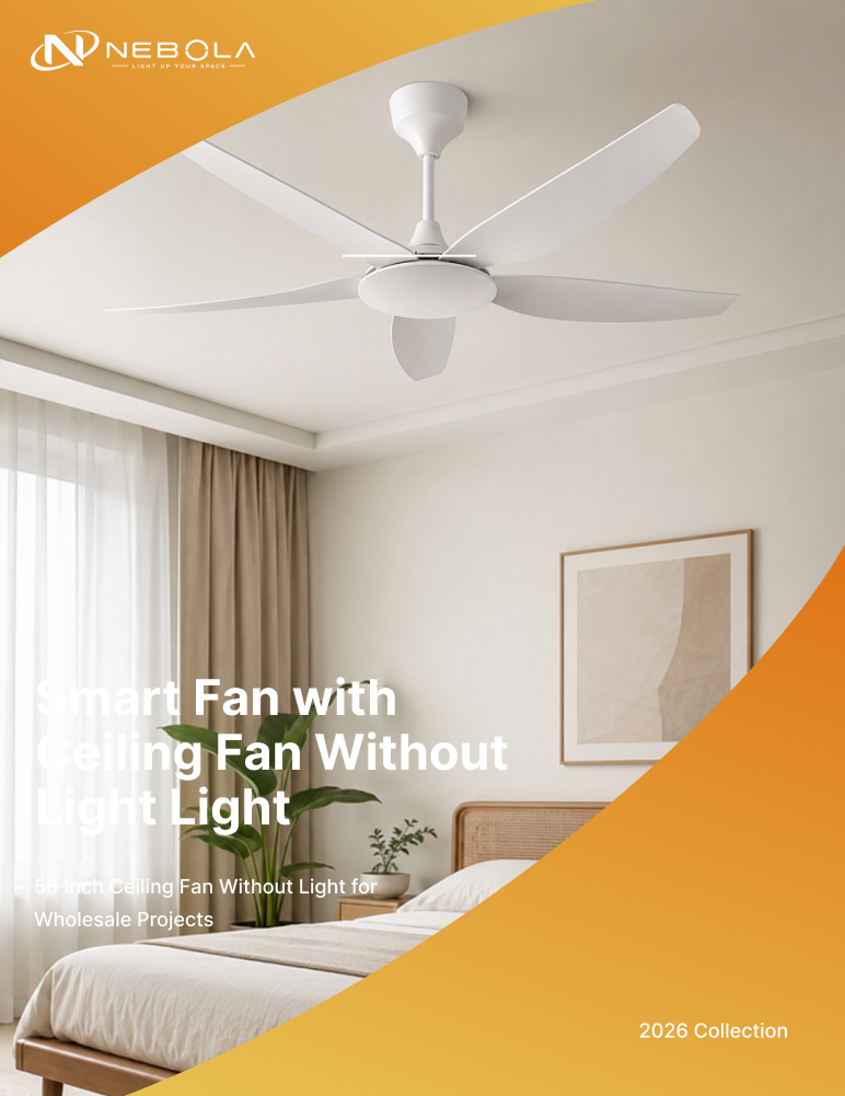 White 56 inch ceiling fan without light displayed in a modern bedroom for wholesale project catalog download