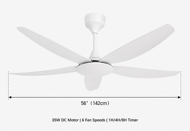 Dimension view of a 56 inch ceiling fan without light with five ABS blades and a brushless DC motor