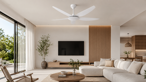 Modern 56 inch ceiling fan without light installed in a refined living room for wholesale interior projects