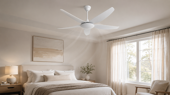 Quiet 56 inch ceiling fan without light installed in a modern bedroom for residential wholesale projects