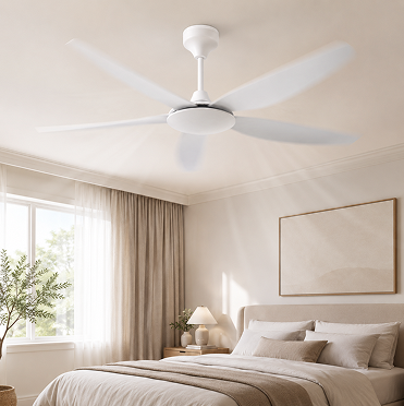 Quiet five-blade 56 inch ceiling fan without light installed in a calm modern bedroom interior
