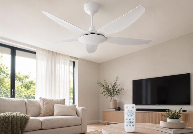 56 inch ceiling fan without light with remote control installed in a modern residential living room