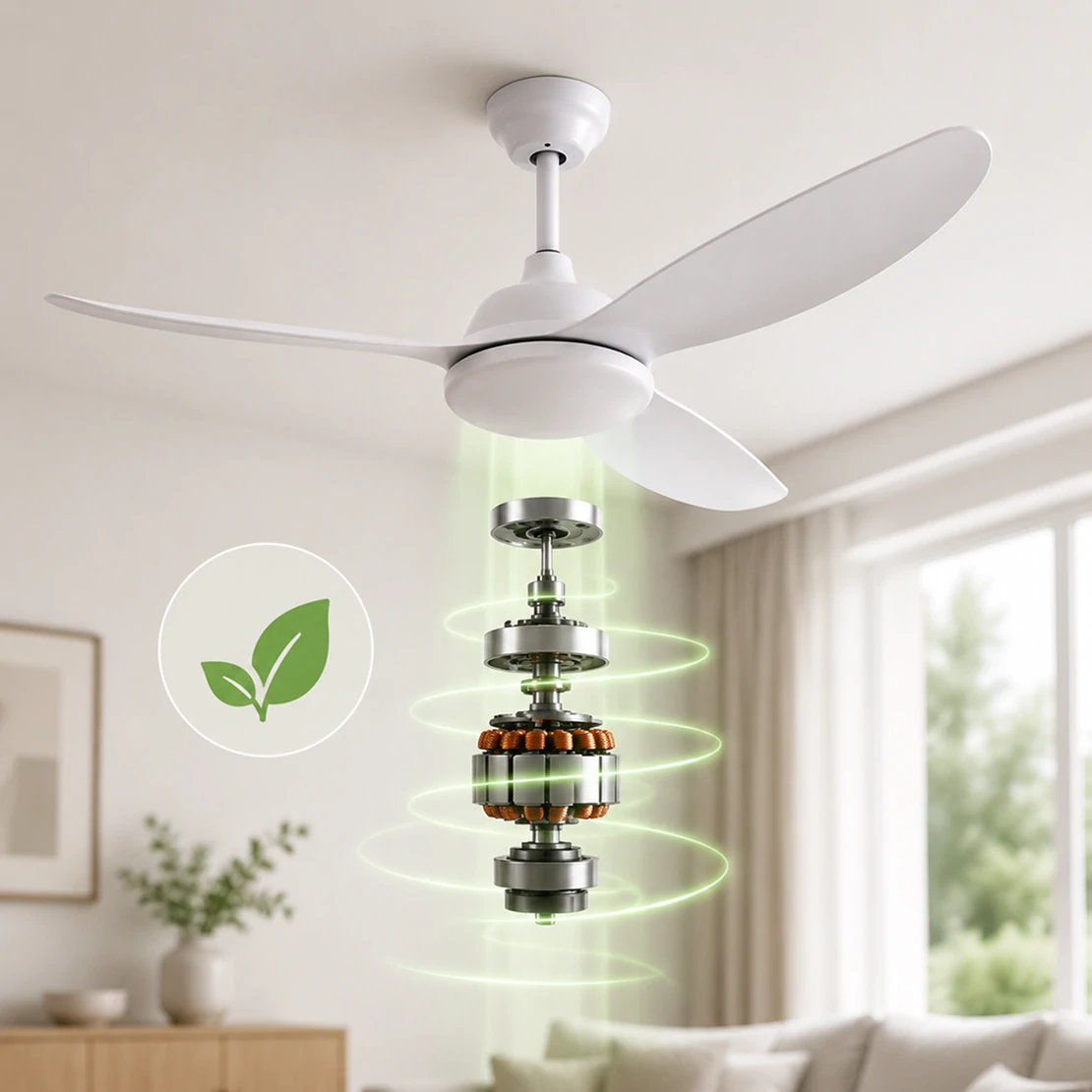 Energy efficient 56 inch indoor ceiling fan with DC motor technology reducing power consumption