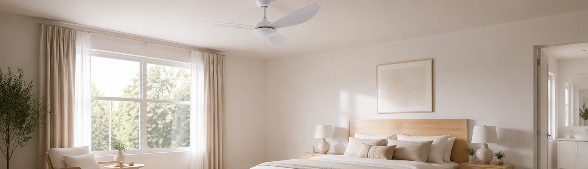 56 inch indoor ceiling fan installed in a modern bedroom with quiet DC motor design and energy efficient airflow