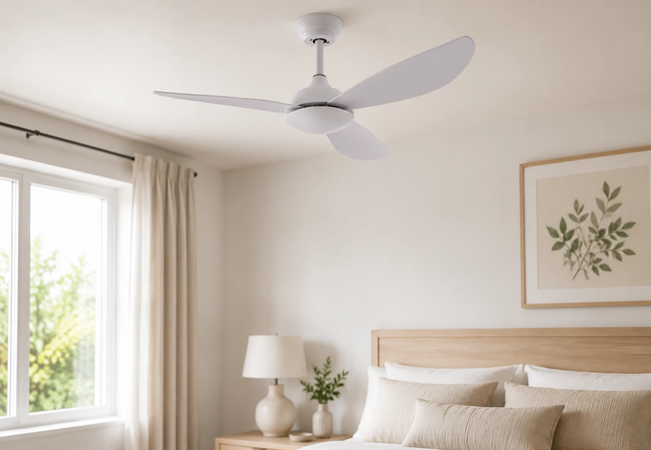 56 inch indoor ceiling fan with DC motor installed in a modern bedroom for quiet and efficient airflow