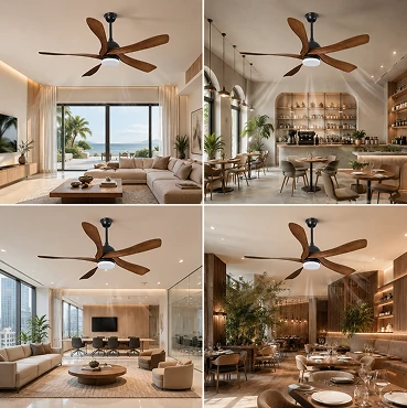 56-inch walnut ceiling fan with LED light showing airflow applications across multiple interior spaces