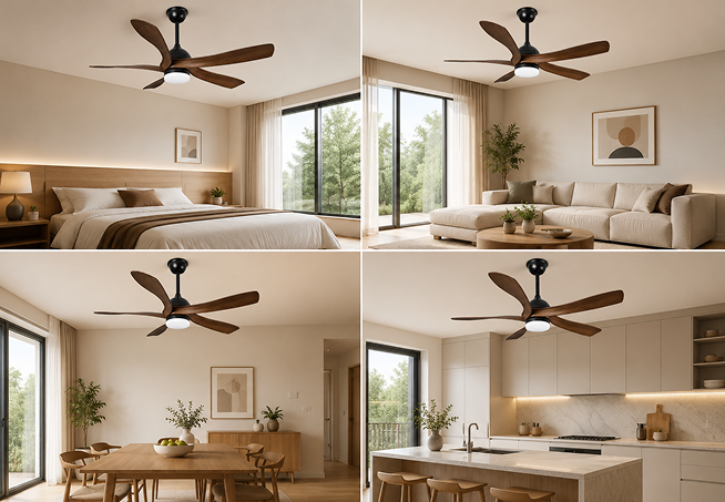 56-inch walnut ceiling fan with LED light applied in bedroom living room and dining spaces