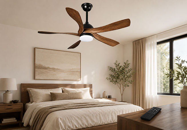56-inch walnut ceiling fan with LED light used in a modern bedroom interior for home comfort