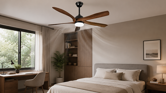 56-inch walnut ceiling fan with LED light featuring stable DC motor performance for quiet airflow