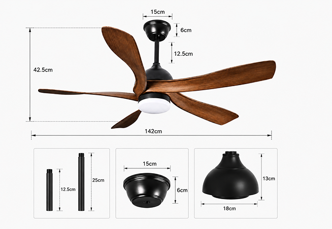 56-inch walnut ceiling fan with LED light showing product dimensions and installation measurements