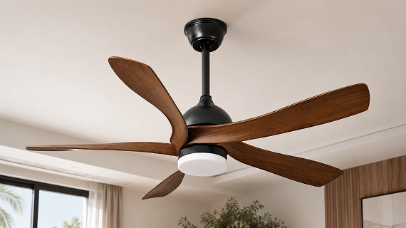 56-inch walnut ceiling fan with LED light featuring secure downrod installation design