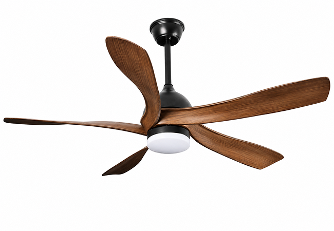 56-inch walnut ceiling fan with LED light featuring wooden blades and downrod installation design