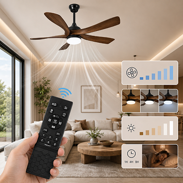 56-inch walnut ceiling fan with LED light controlled by remote for convenient speed adjustment