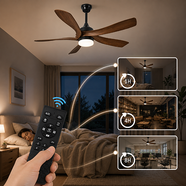 56-inch walnut ceiling fan with LED light featuring timer function for bedroom comfort