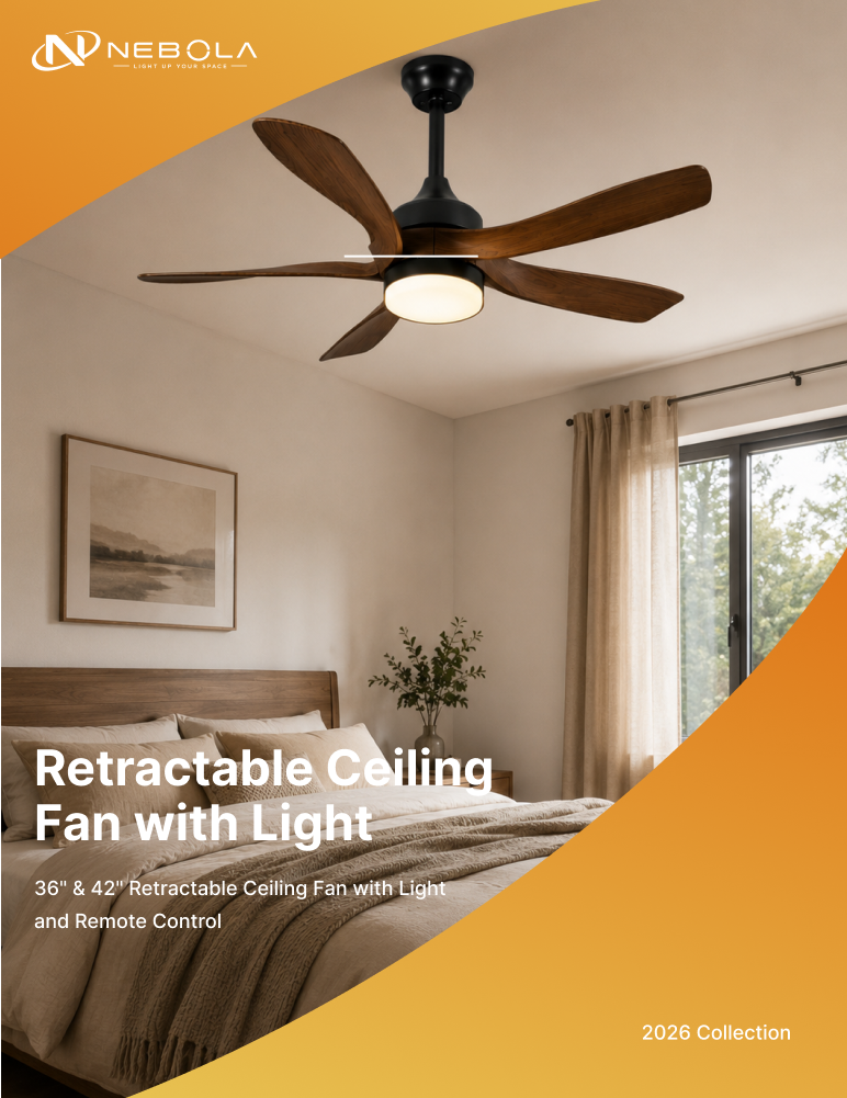 56-inch walnut drop ceiling fan with LED light featured in a premium product catalog cover design