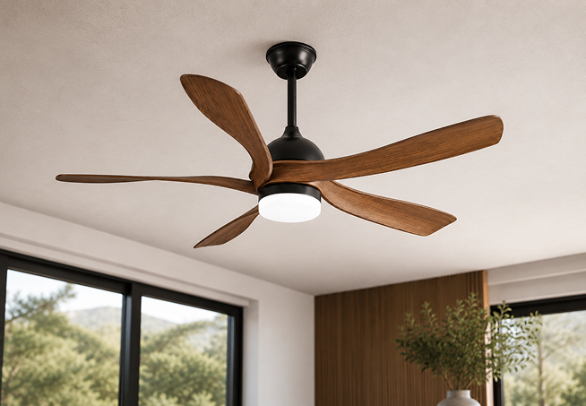56-inch walnut drop ceiling fan with LED light installed in a modern residential living room