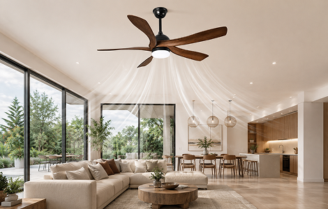 56-inch walnut drop ceiling fan with LED light installed in a modern residential living space