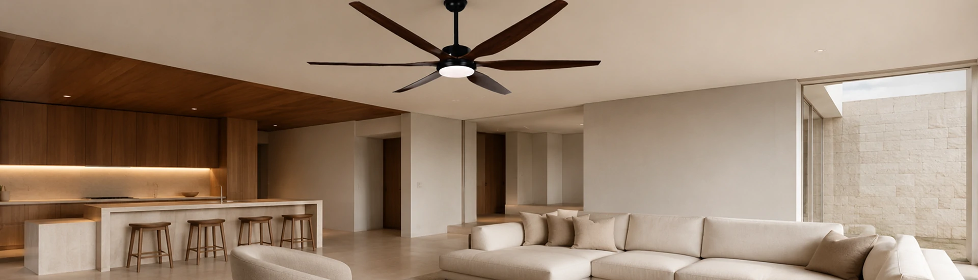 66 inch wood blade big ceiling fan light system installed in luxury modern living room designed for large residential and commercial ventilation projects