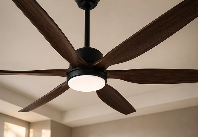 66 inch wood blade big ceiling fan light system installed in modern luxury living room showing elegant airflow design for large residential and commercial interiors