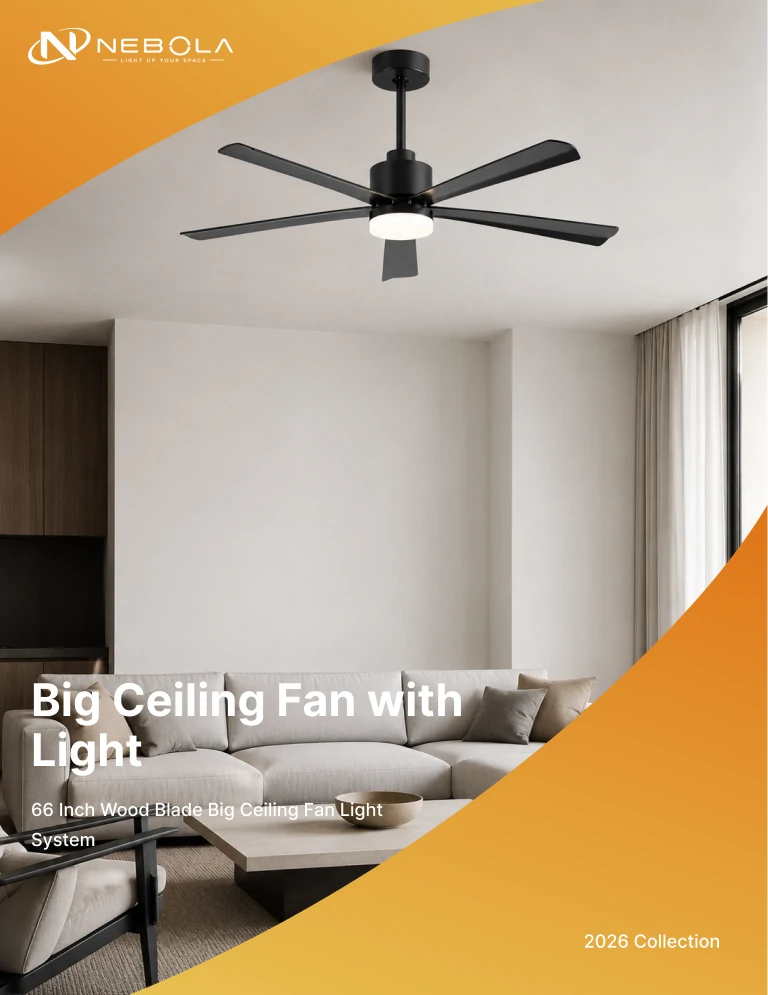 66 inch wood blade big ceiling fan light system installed in modern luxury bedroom interior showing elegant airflow and integrated lighting for large residential and commercial projects