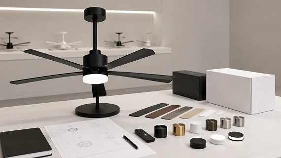 66 inch wood blade big ceiling fan light system OEM ODM customization showing material samples, color options, and product engineering design for private label manufacturing projects