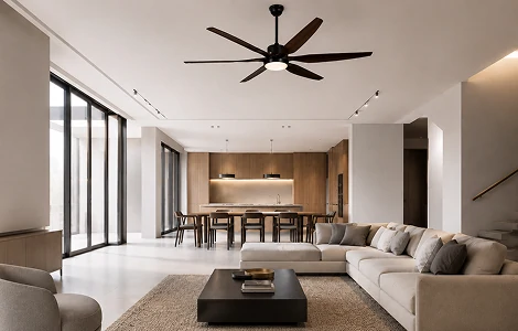 66 inch wood blade big ceiling fan light system installed in modern large living room demonstrating powerful airflow for residential and commercial large space ventilation projects