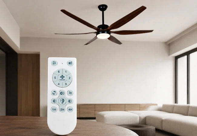 close up view of 66 inch wood blade big ceiling fan light system showing premium motor housing and natural wood grain blades for modern interior applications