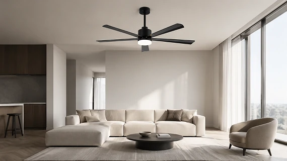 66 inch wood blade big ceiling fan light system installed in quiet modern bedroom demonstrating energy efficient DC motor performance and smooth airflow with low noise operation