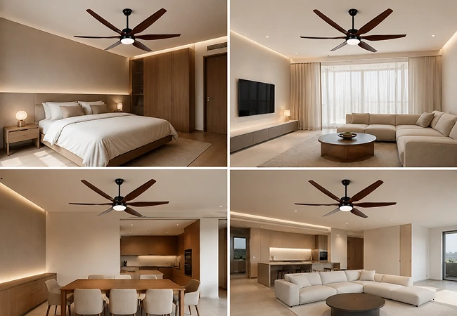 66 inch wood blade big ceiling fan light system operated with remote control in modern living room demonstrating smart airflow and lighting adjustment functionality