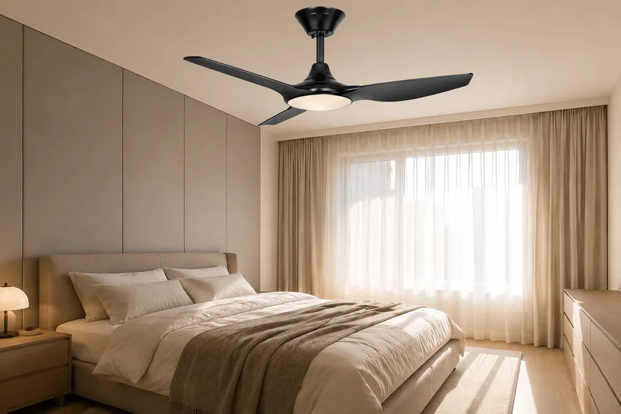 Bedroom ceiling fan sized for quiet and comfortable airflow