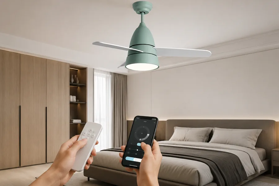 Bedroom ceiling fan with remote control and smart features