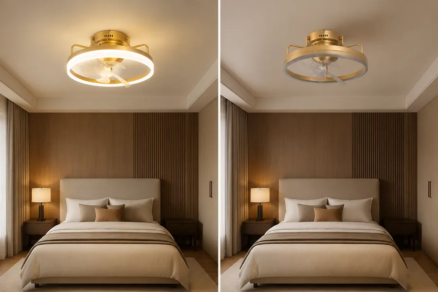 Bedroom ceiling fan with integrated light kit option