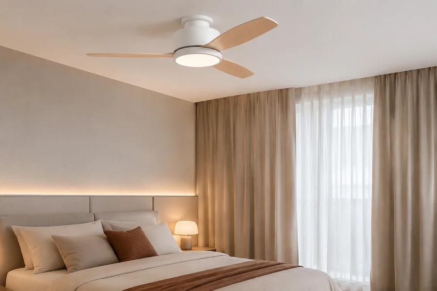 Low profile ceiling fan mounting for bedroom comfort