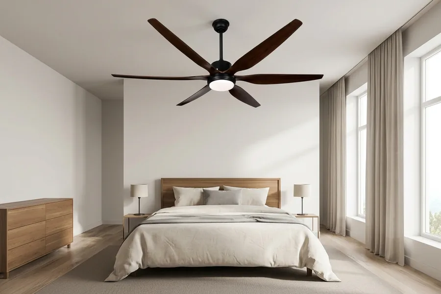 Modern large master bedroom with a properly sized ceiling fan centered above the bed