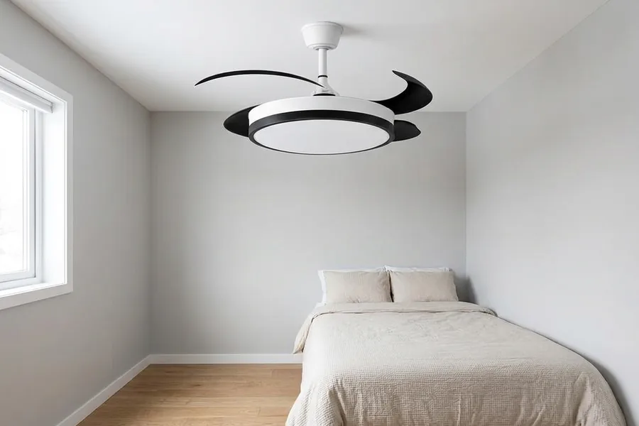 Best ceiling fan size for small rooms comparing 36 inch and 42 inch fan options in a compact bedroom.