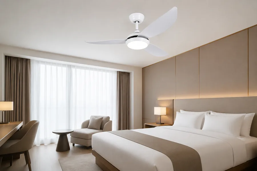 Hotel ceiling fan light in a calm modern guest room for hospitality comfort