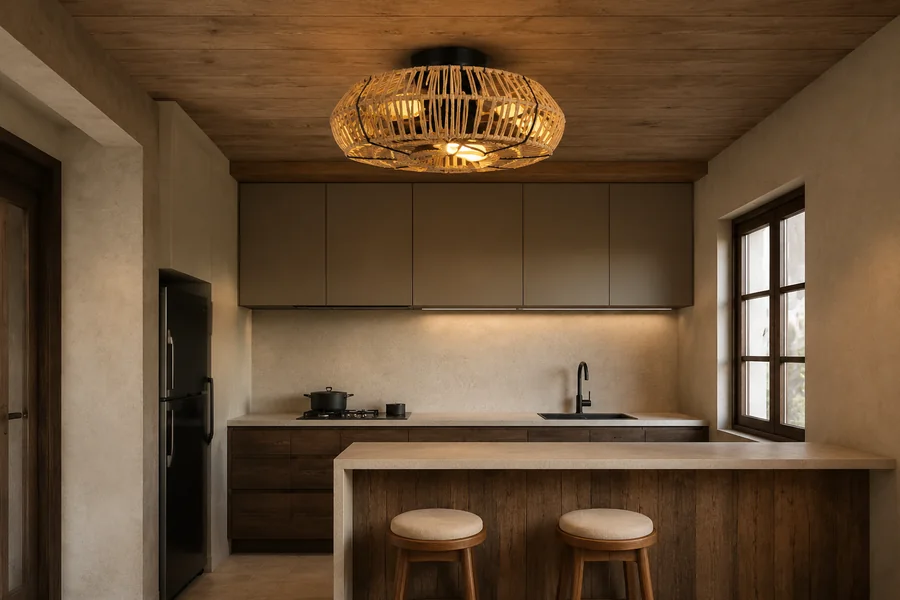 Flush mount caged fan light for a compact kitchen room