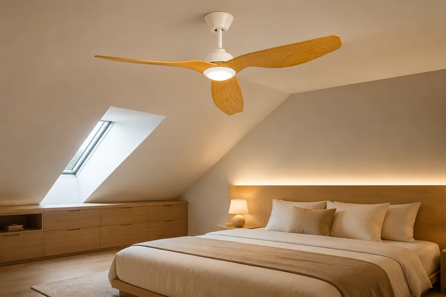 Sloped ceiling fan in a vaulted living room