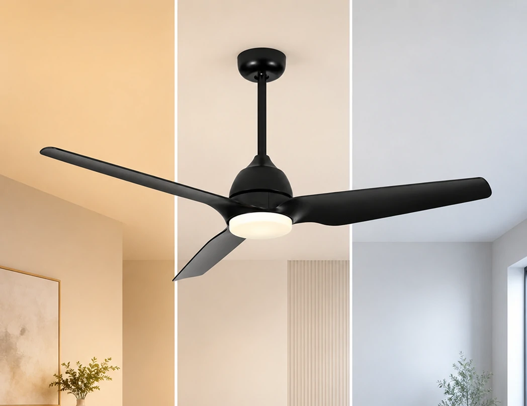 Black modern ceiling fan with LED light designed for luxury interiors and contemporary project applications