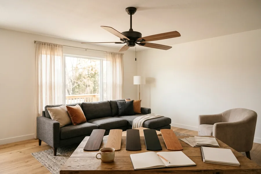 Ceiling fan blade material matched to room style airflow and daily comfort