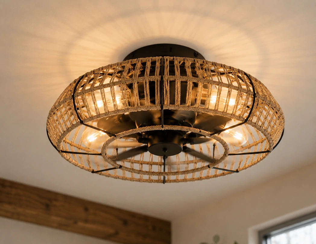 caged safety ceiling fan with light showing industrial protective design for bedroom and commercial interior applications