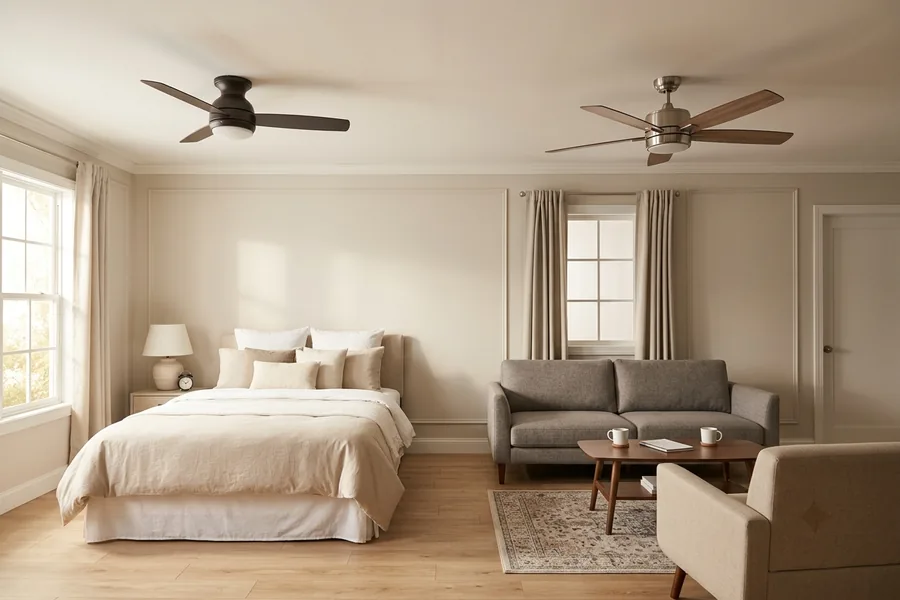 Choosing ceiling fan blade material for bedrooms living rooms and humid spaces