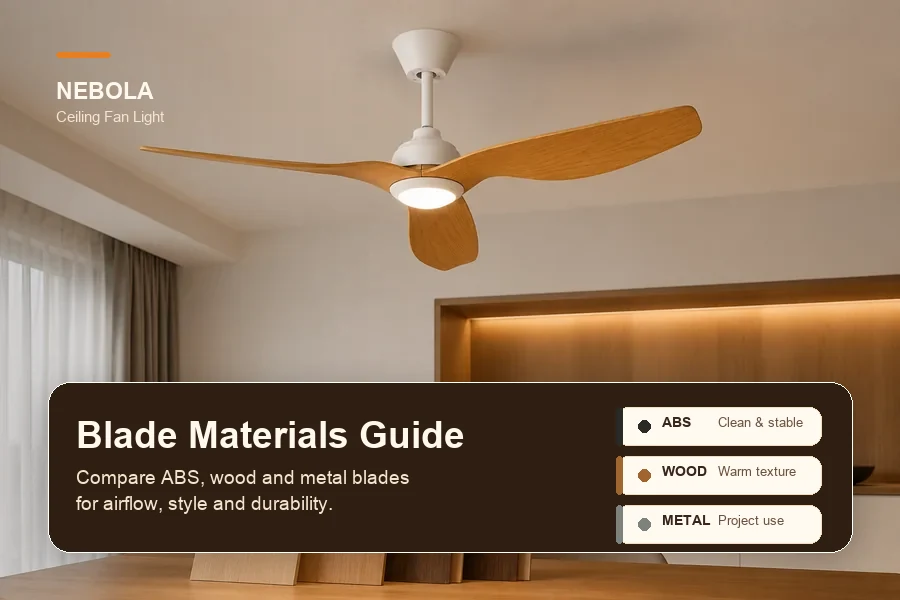 Ceiling fan blade materials guide banner comparing ABS wood and metal blades