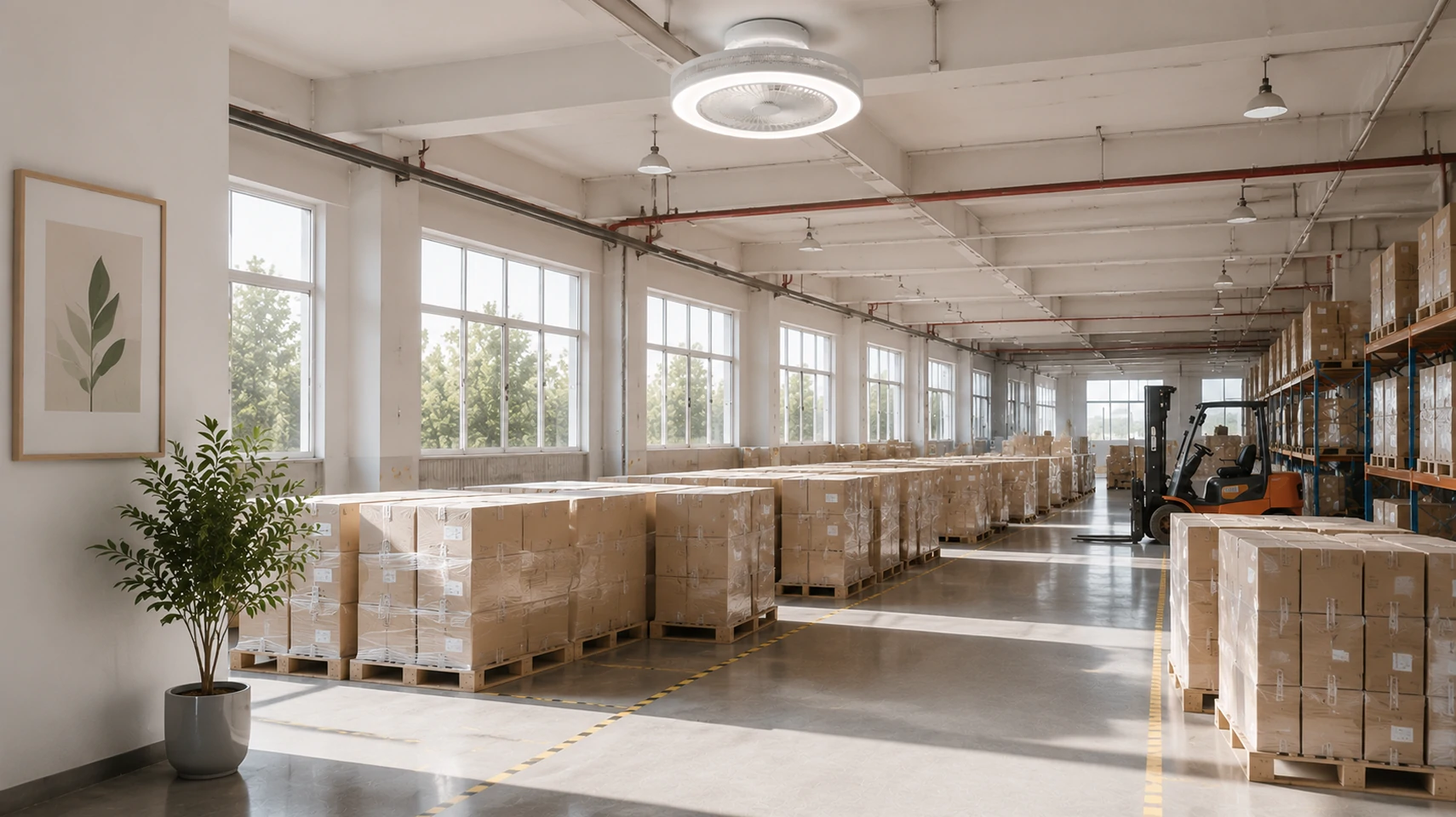 warehouse interior showing bulk ceiling fan production and supply capacity for OEM ODM global distribution projects