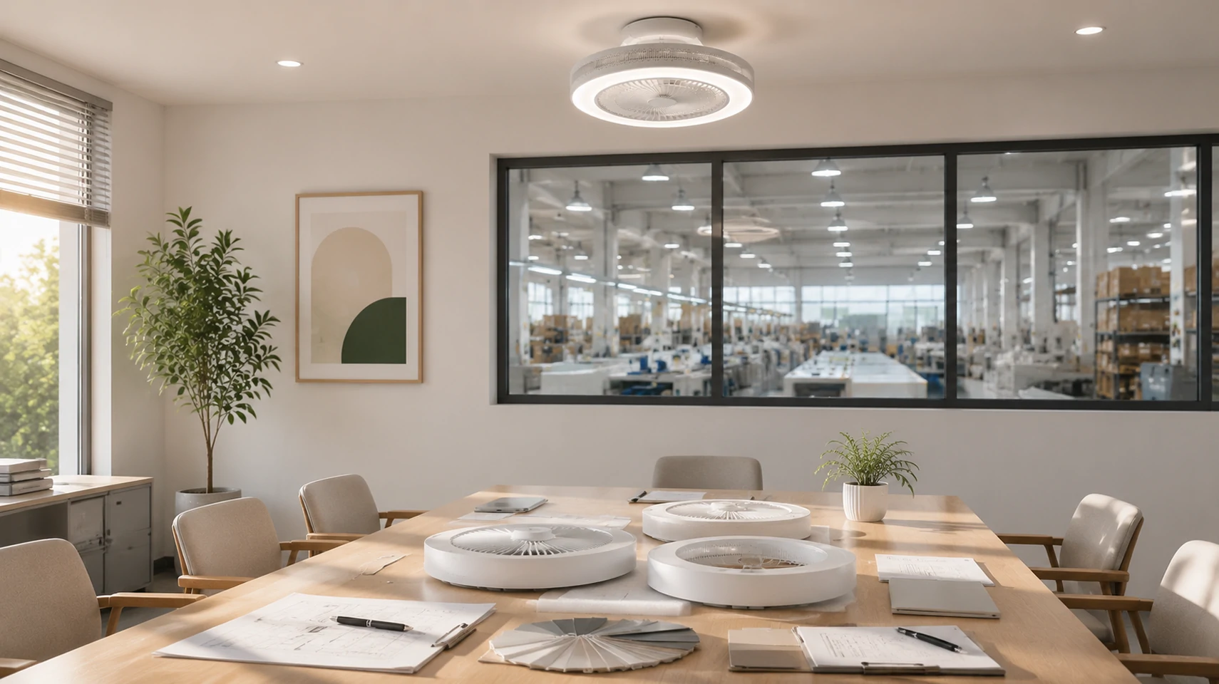 OEM ODM ceiling fan manufacturer meeting room showing engineering collaboration and product development for global partnerships