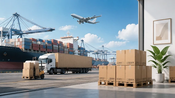 Global shipping warehouse showing packaged ceiling fans prepared for international export and logistics distribution