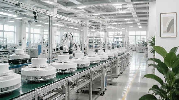 Modern factory interior showing automated production line for 21 inch flush mount ceiling fans with LED lights and quality manufacturing process
