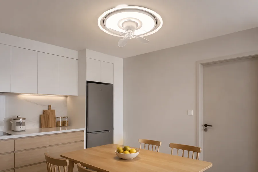 Ceiling fan mount selection for a compact kitchen and dining room
