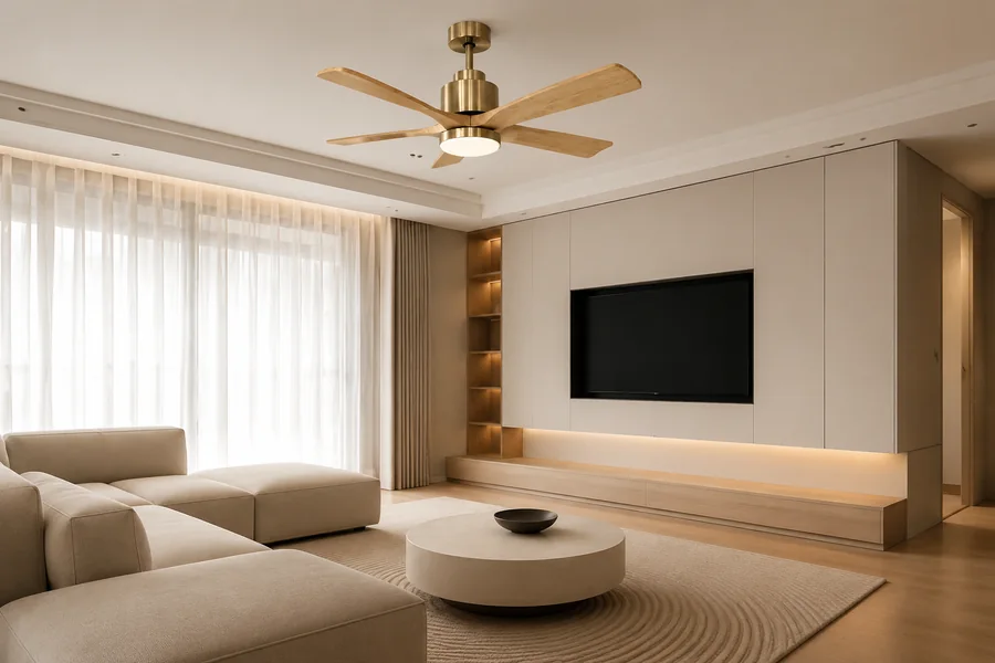 Ceiling fan mount types shown in an open living room project scene