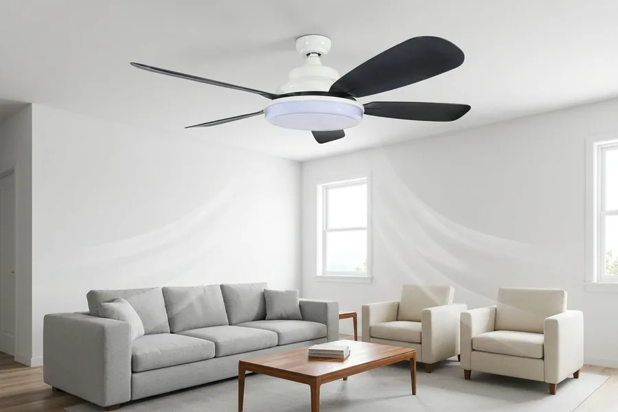 Ceiling fan airflow in a modern living room showing size and air movement